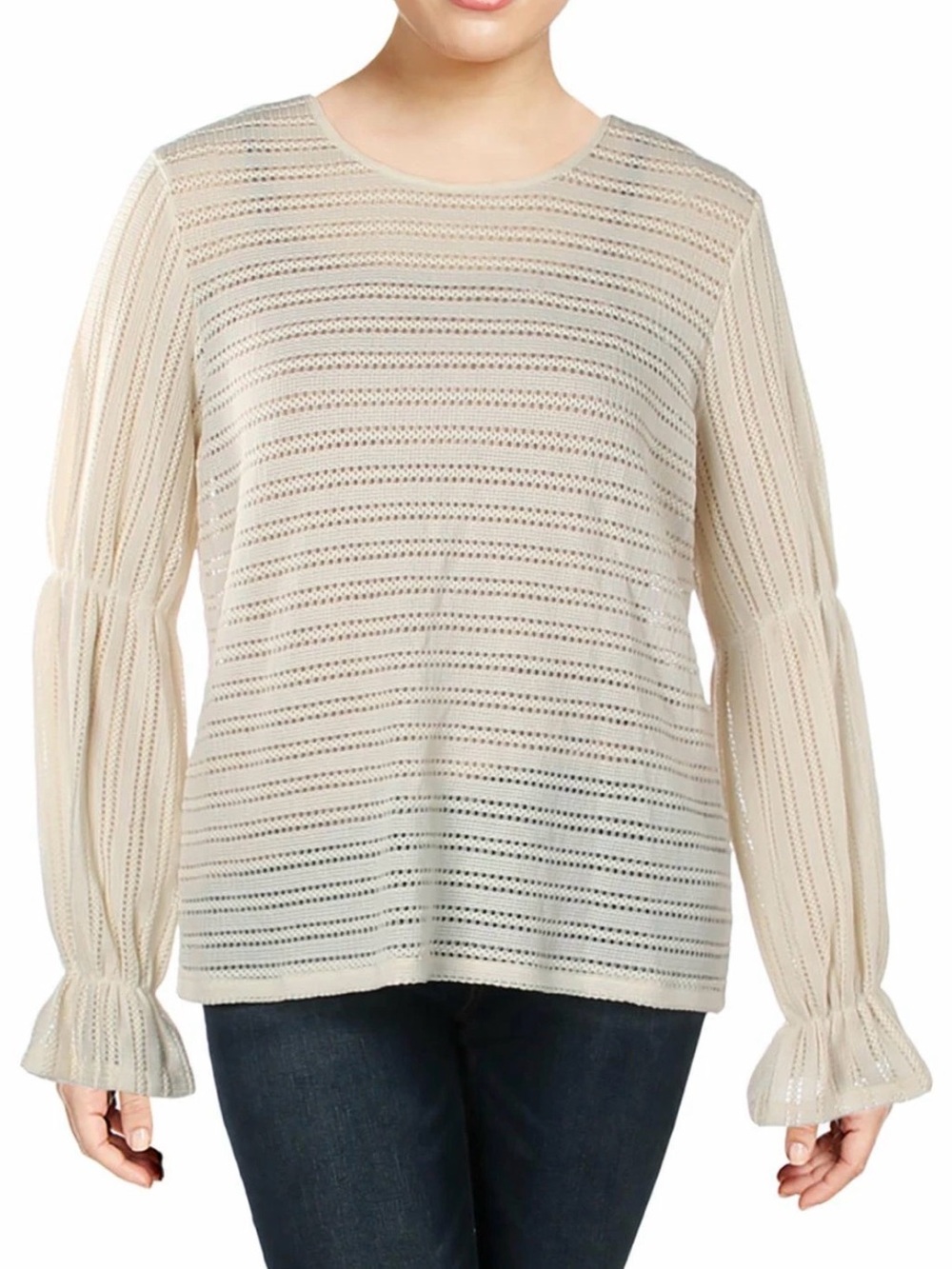Michael Kors Cream Eyelet Stripe Blouse with Ruffle Sleeve Cuffs size XS